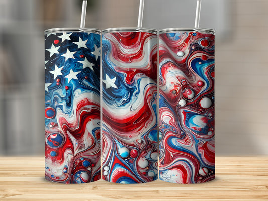 Three tumblers with red, white, and blue patriotic abstract designs.