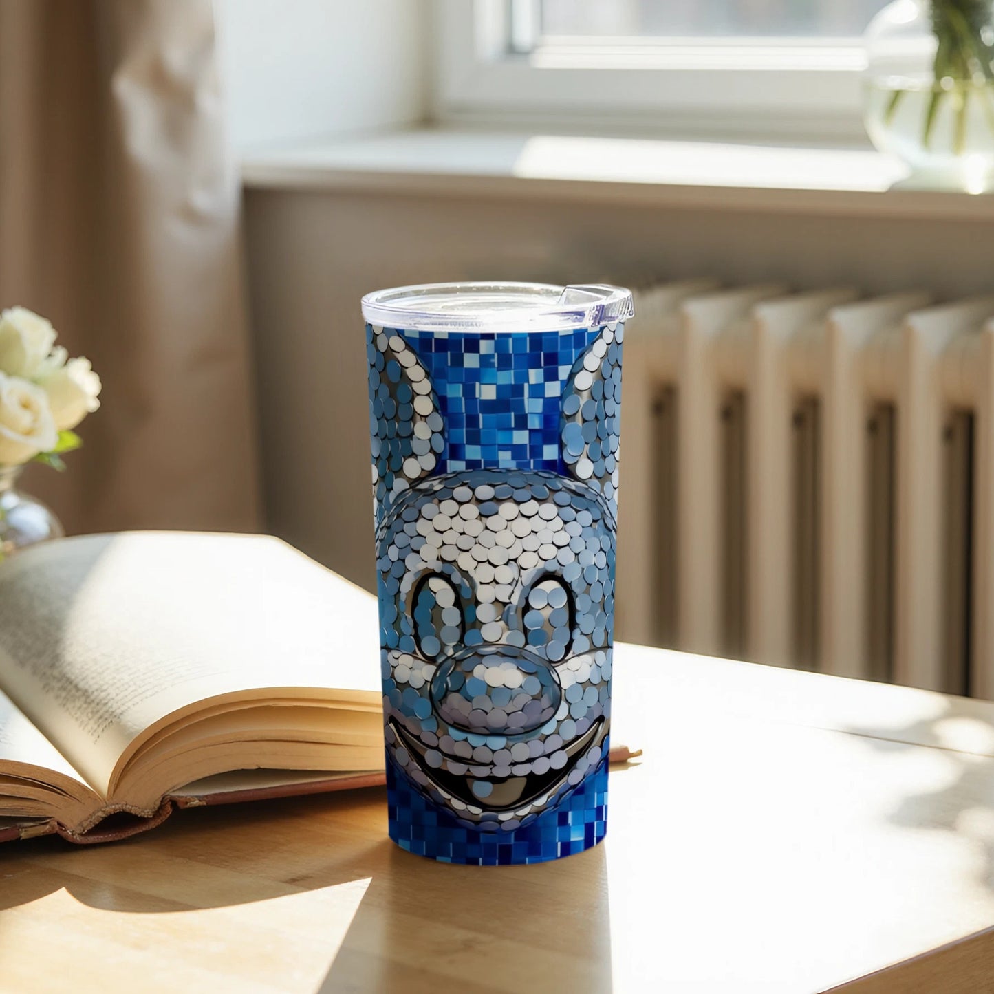 Blue Mosaic Pixel Art Smiling Character Tumbler