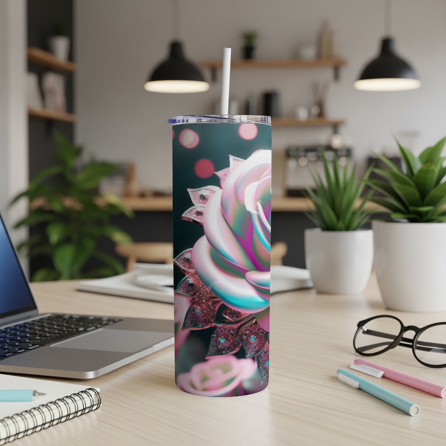 Iridescent rose design on a white tumbler with a straw.