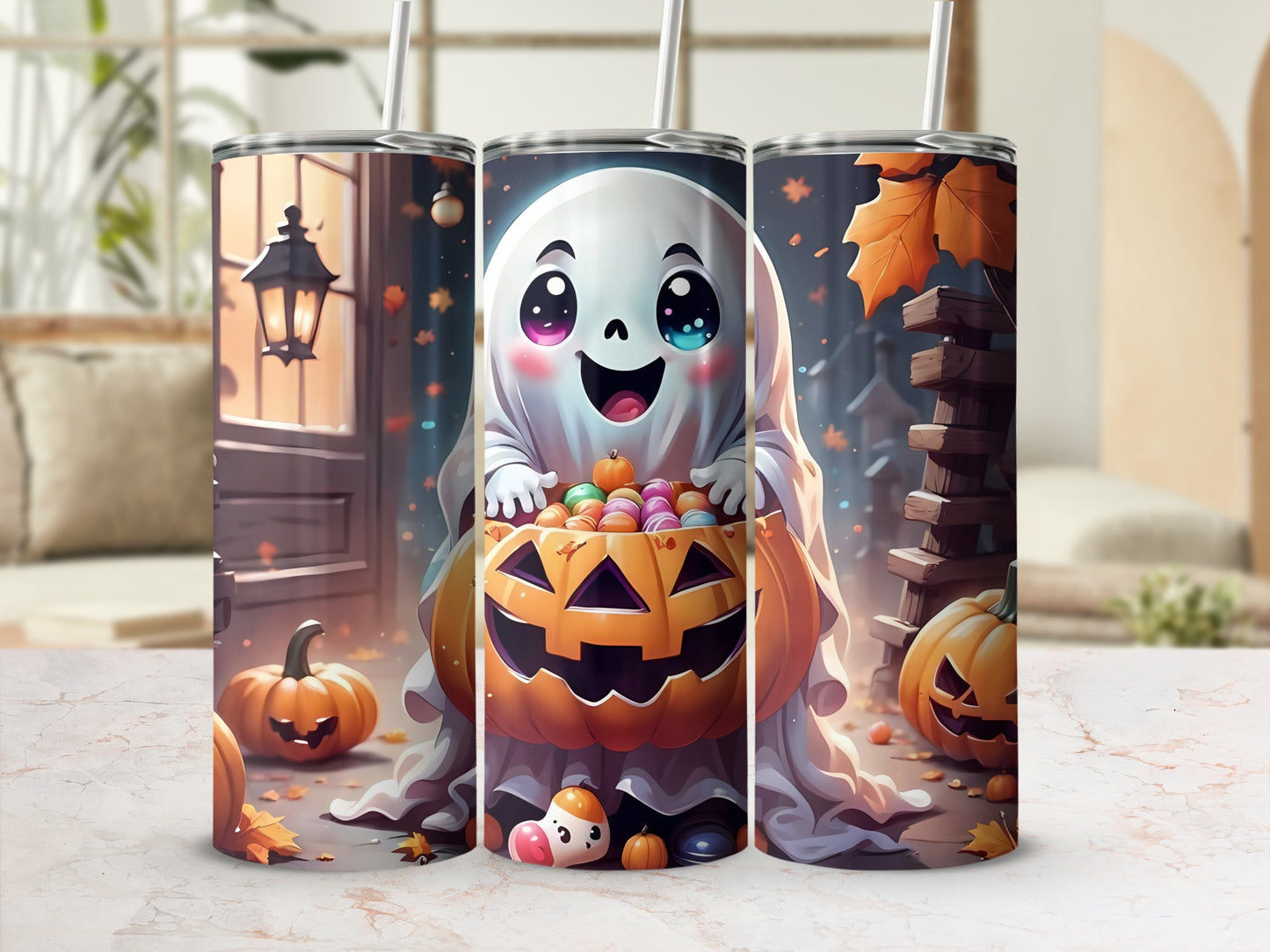 Cute Halloween Ghost and Pumpkin Design Tumbler