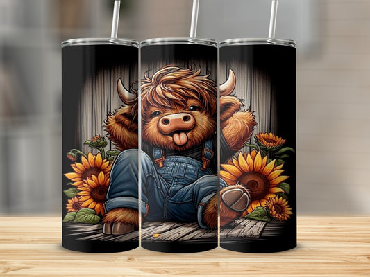 Cute Highland Cow in Overalls with Sunflowers Tumbler