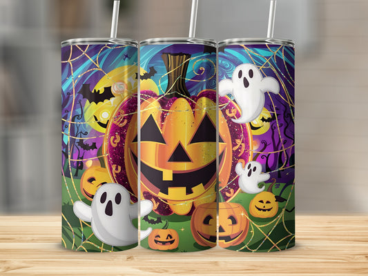 Halloween tumblers with jack-o'-lanterns, ghosts, bats, and spiderwebs.