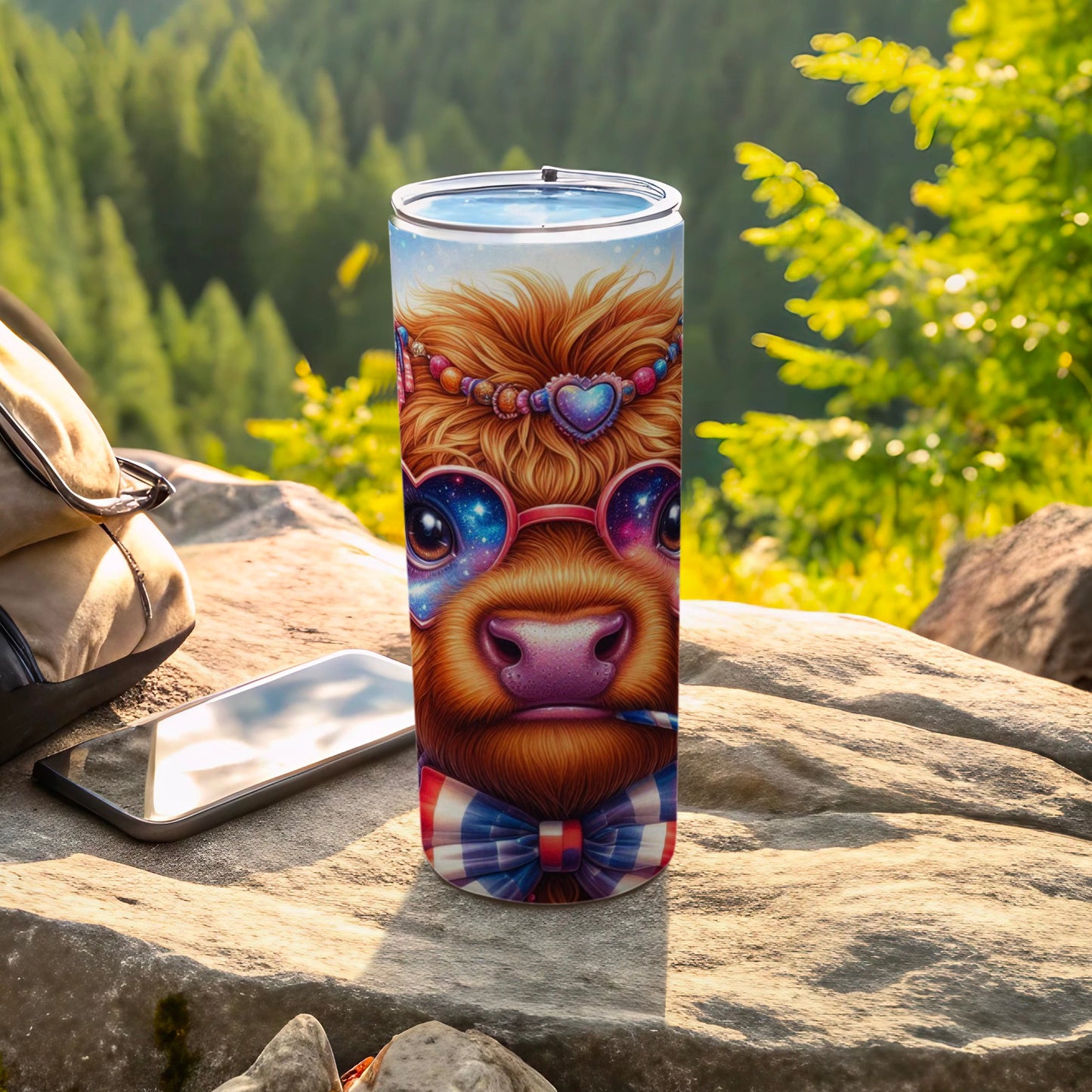 Cow tumbler with stars, glasses, bow tie, and heart accessory.