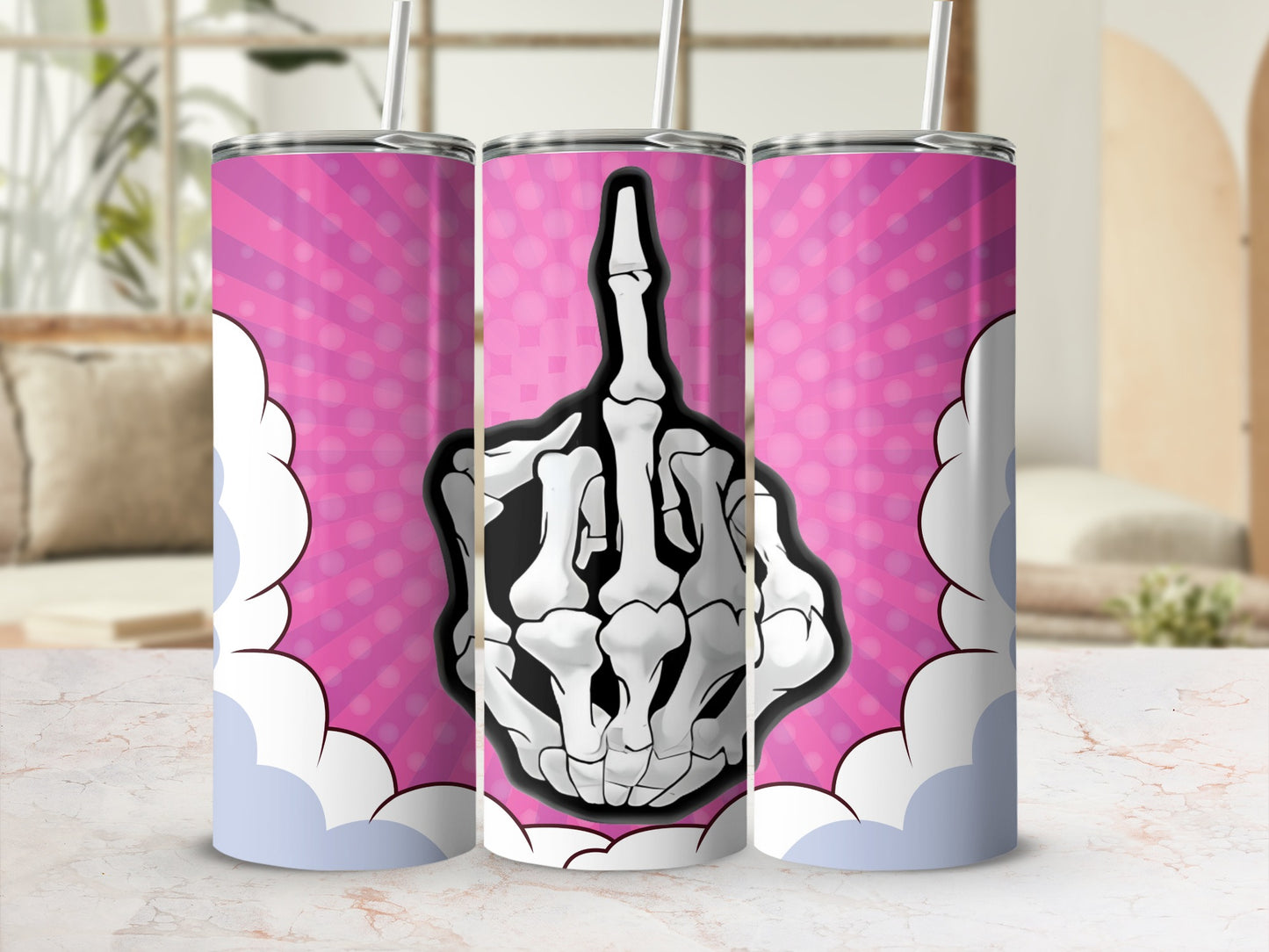 Edgy Skeleton Hand Pink Background tumbler
