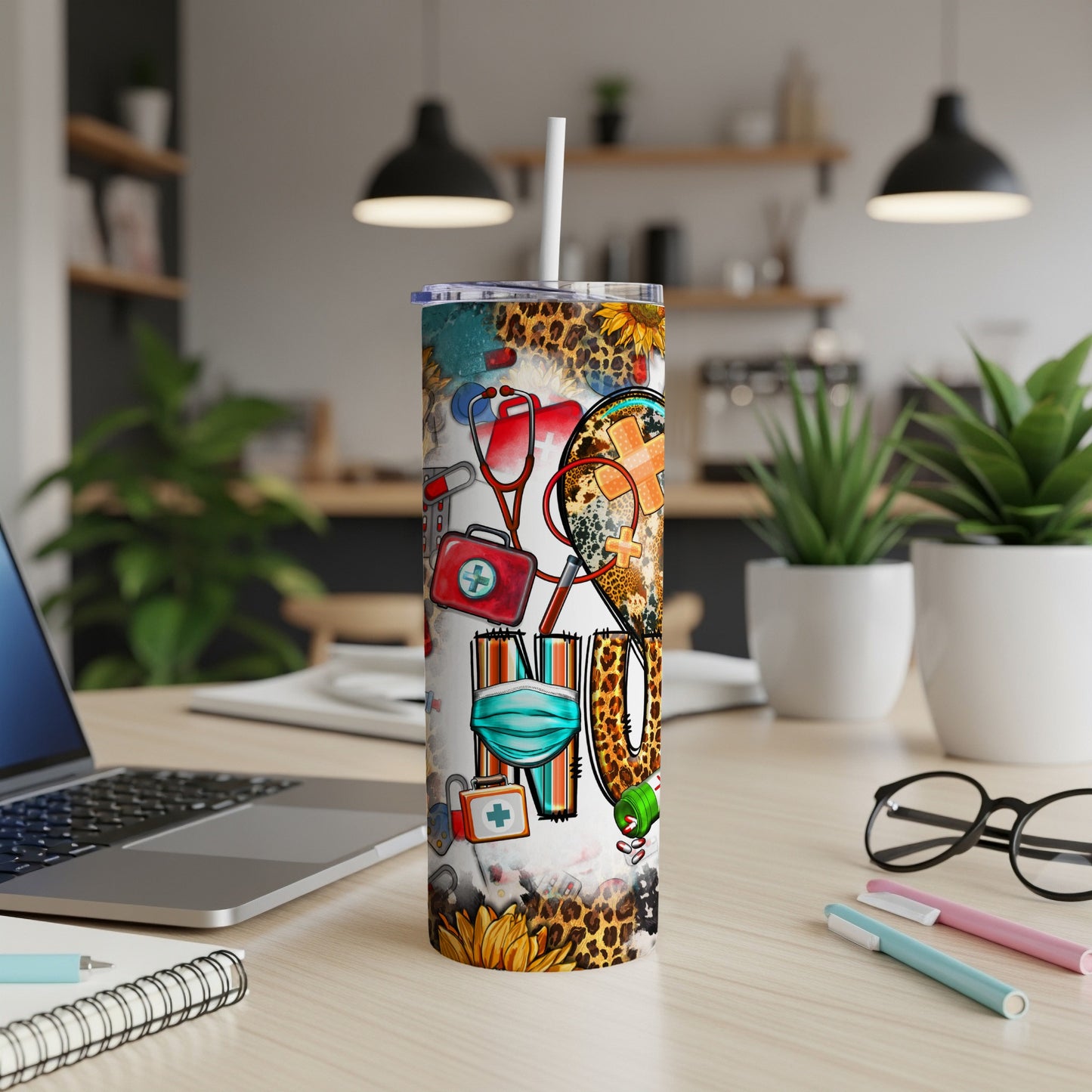 Tumbler with medical icons, a stethoscope, mask, and "NURSE" text.