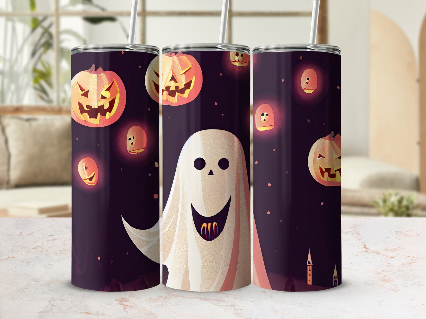 Halloween Themed Tumbler with Ghosts and Pumpkins Design