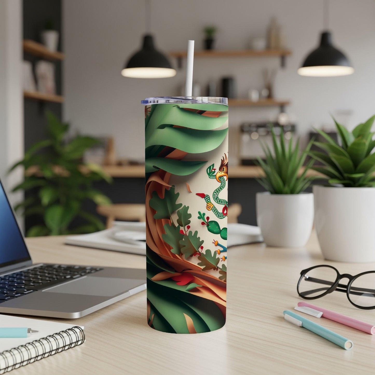 Tumbler with Mexican flag design featuring eagle and snake.