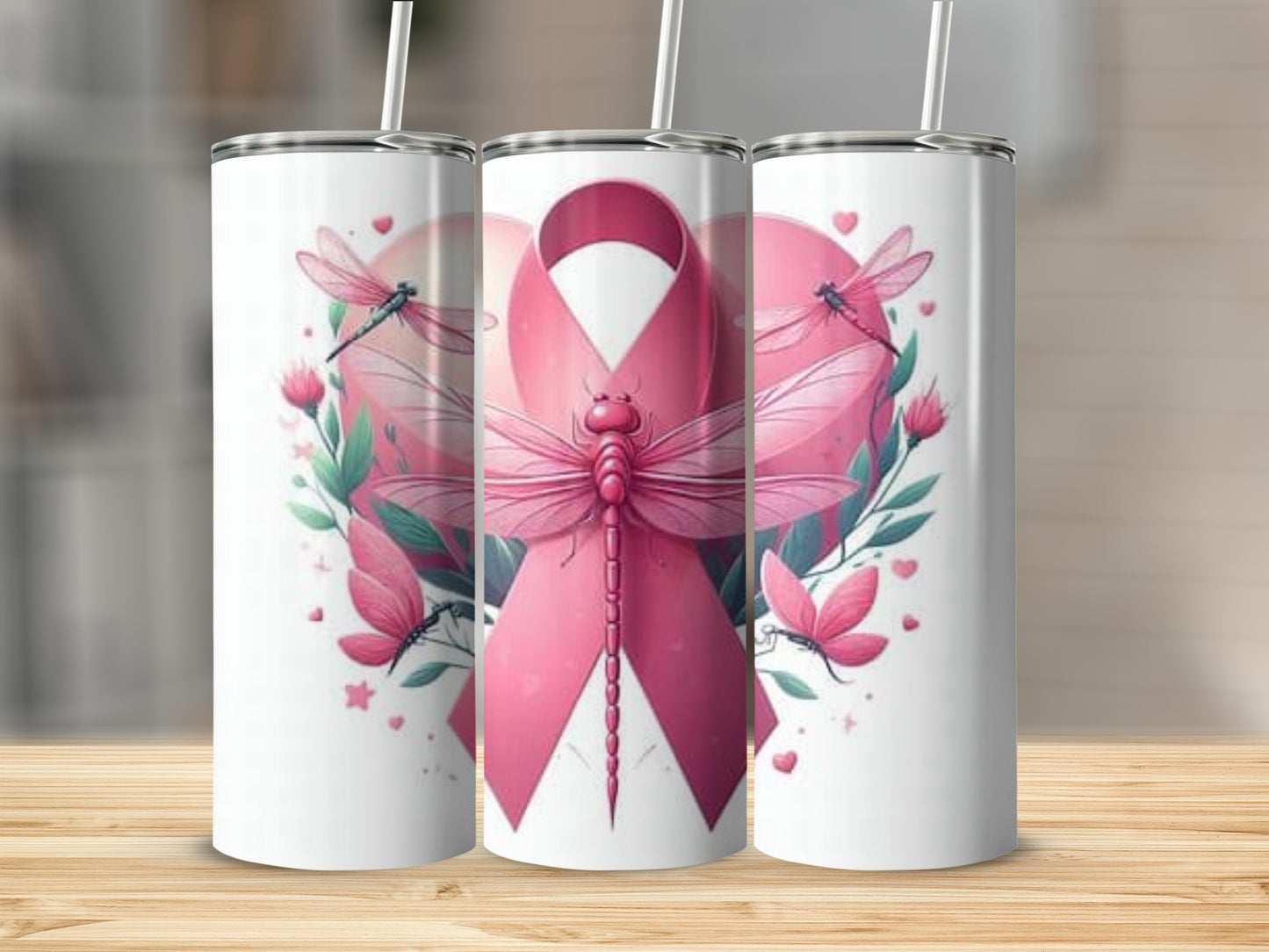 Pink Ribbon and Dragonfly Inspirational Tumbler Product