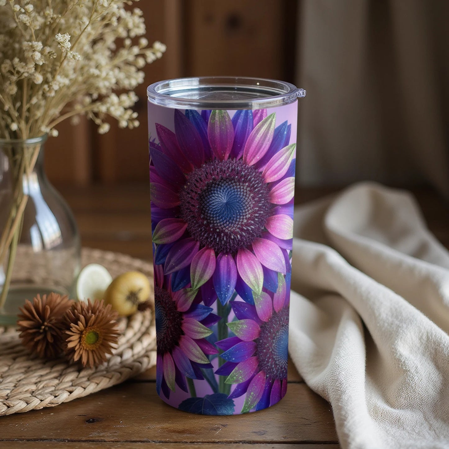 Vibrant Purple Sunflower Print Tumbler Travel Cup