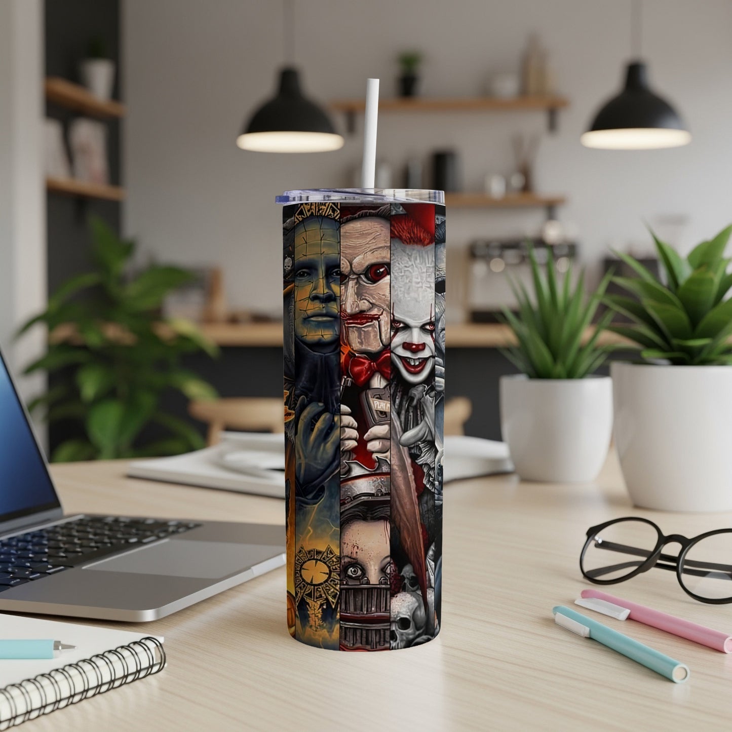 Collage of horror movie characters on a tumbler with a straw.