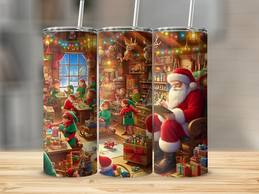 Festive Santa and Elves in Workshop Tumbler Design
