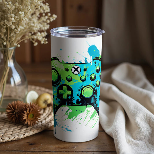 Vibrant Gaming Controller Splatter Design Tumbler