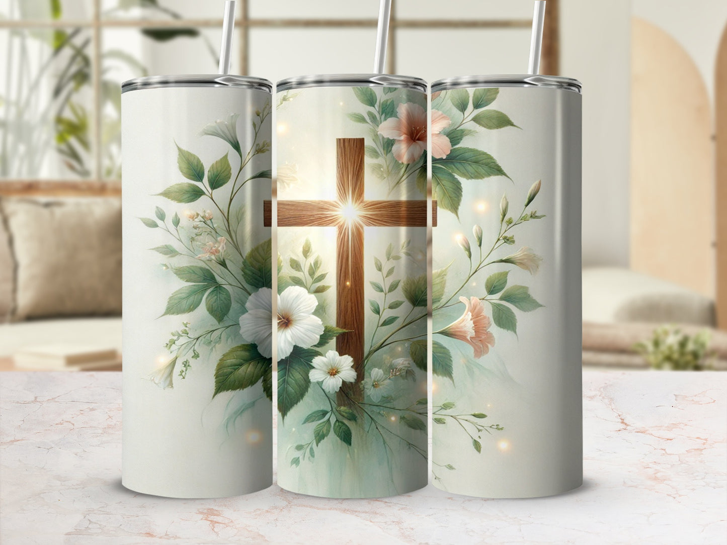 Floral and Wooden Cross Design Tumbler with Straw