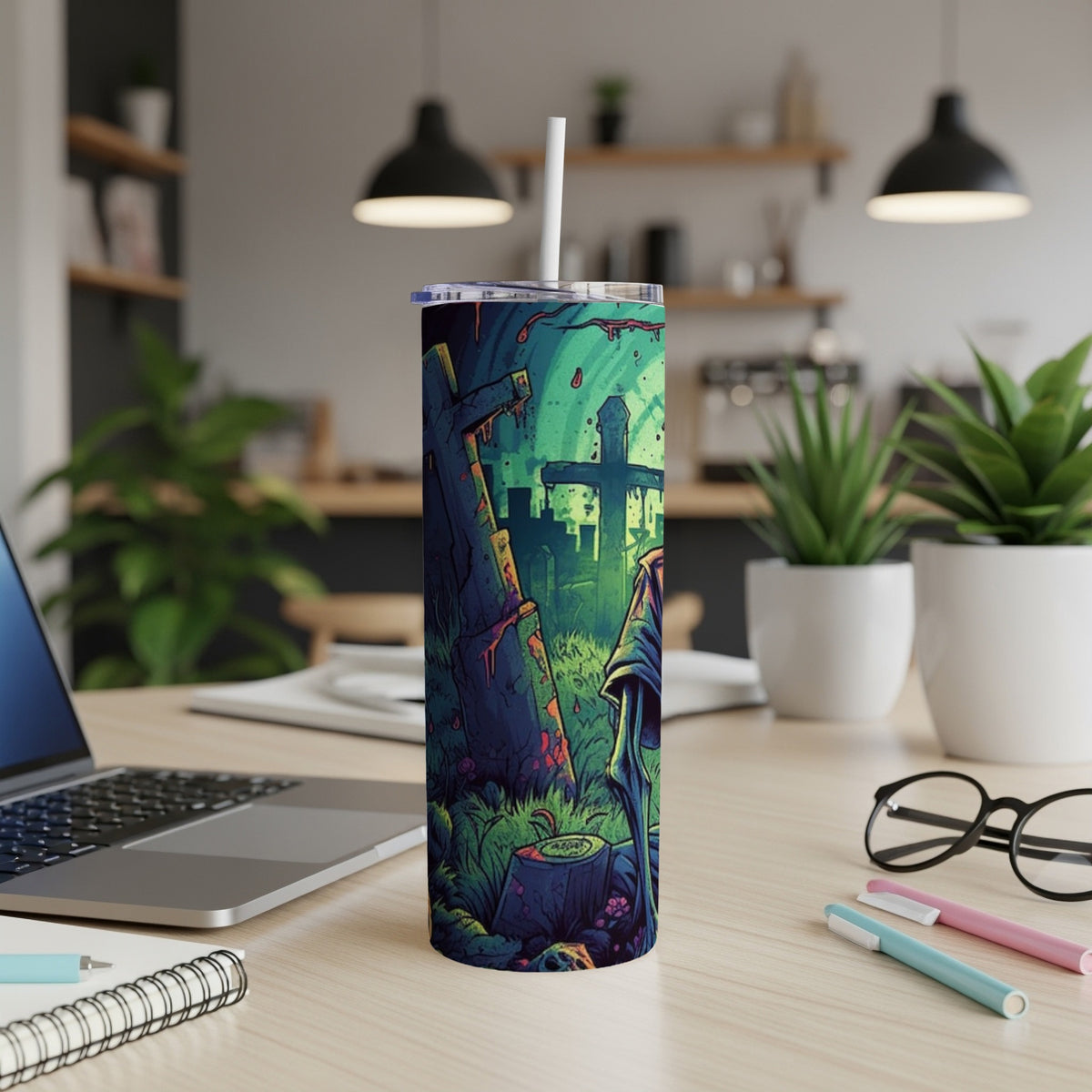 Tumbler with grim reaper and graveyard artwork, featuring crosses and dripping blood.