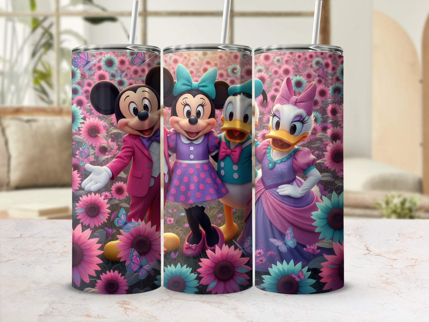 Cute Cartoon Characters with Floral Theme Tumbler