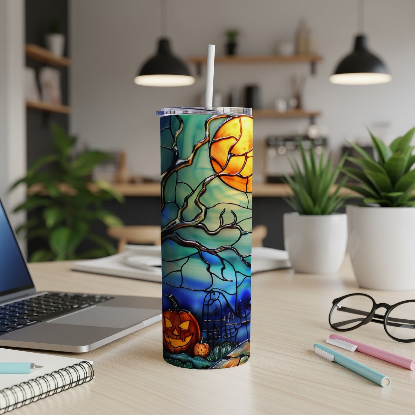 Halloween stained glass tumbler with pumpkins and moon.