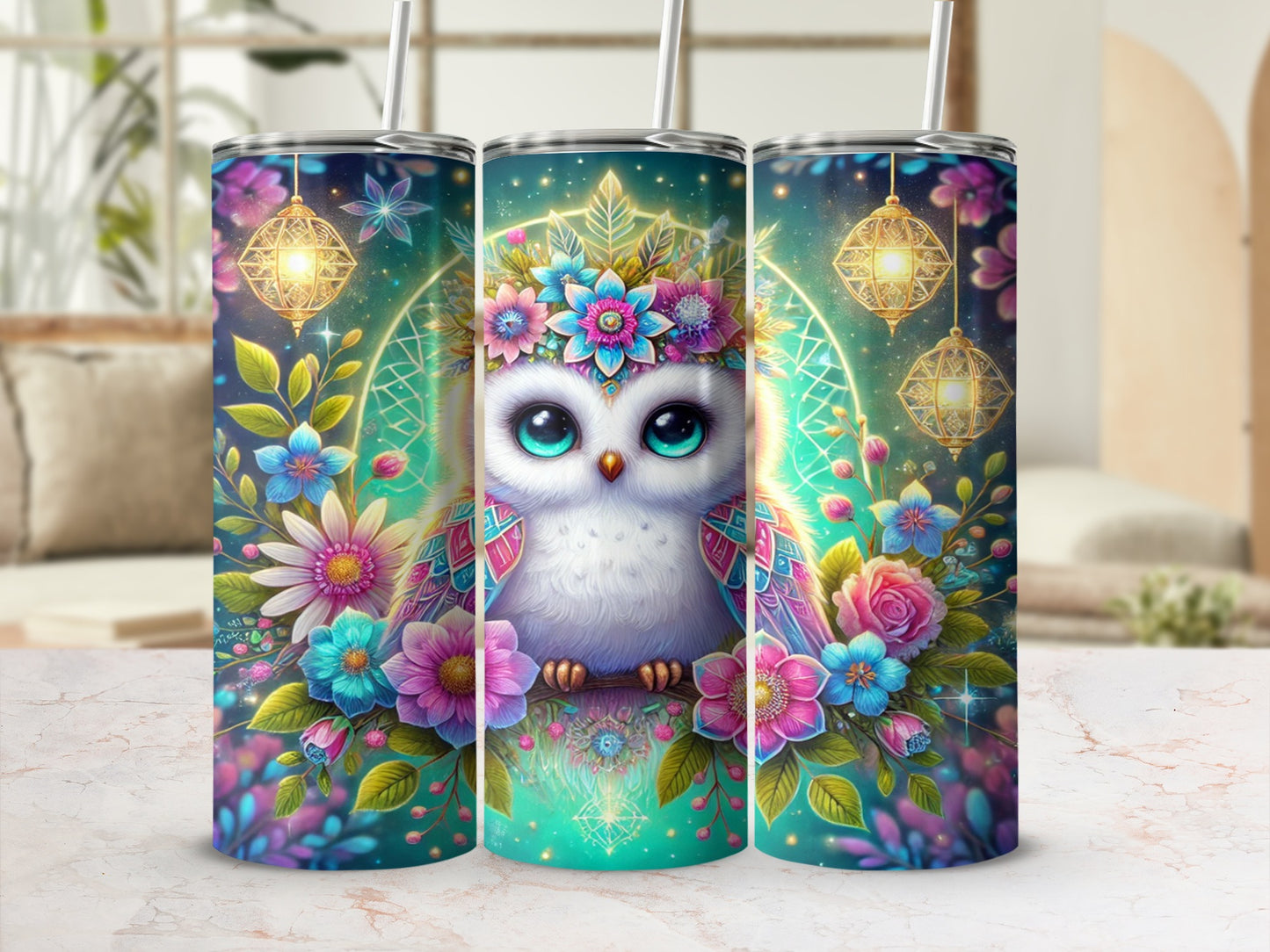 Cute Owl and Floral Design on Tumbler Flask Decorated