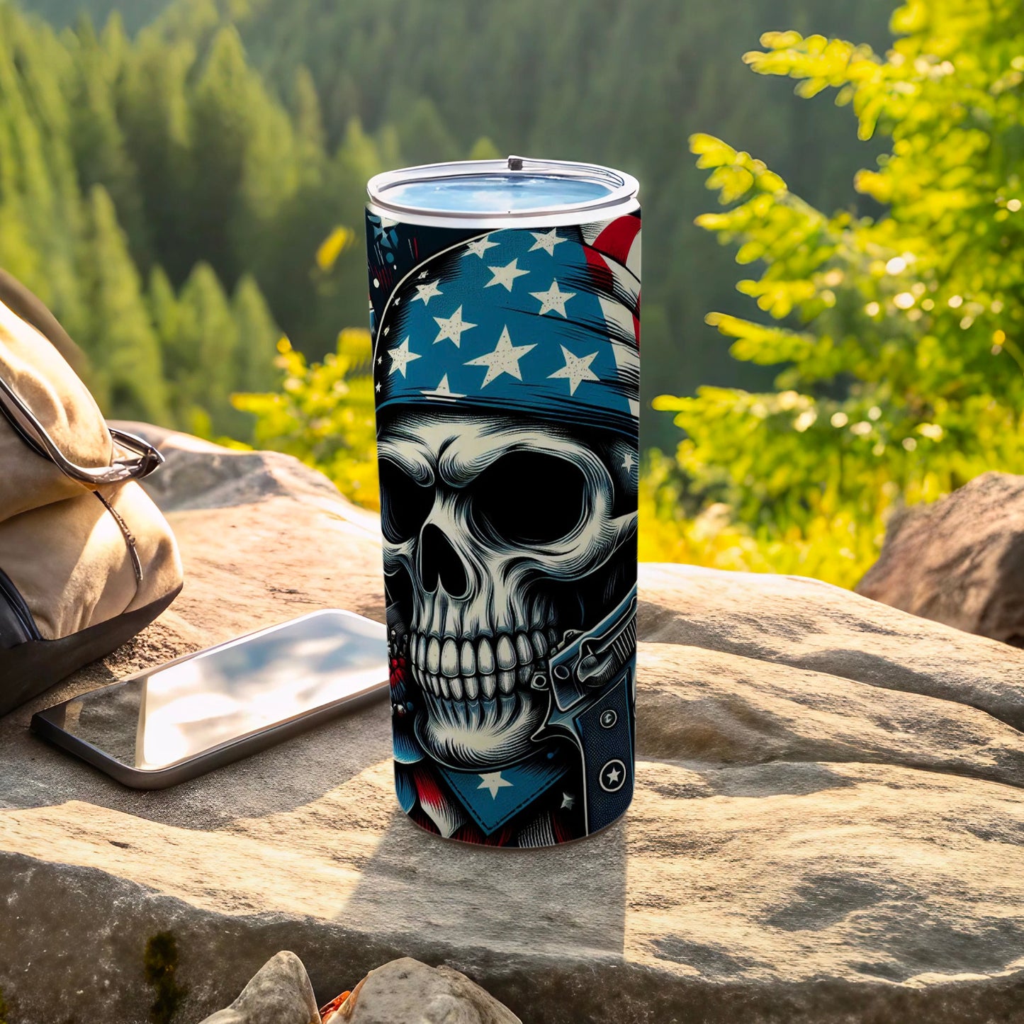 Skull with patriotic American flag helmet and armor design on a tumbler.