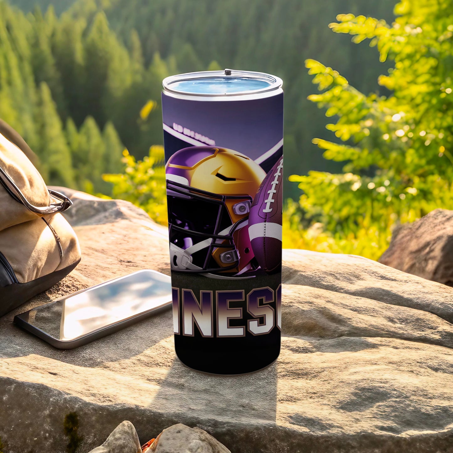 Purple and gold football helmet and ball with "MINNESOTA" text on tumbler.