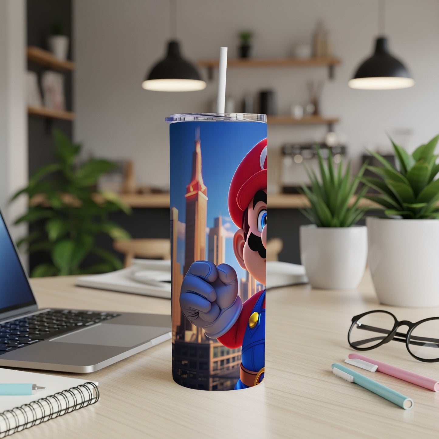 Super Mario character in front of a city skyline, on a blue tumbler.