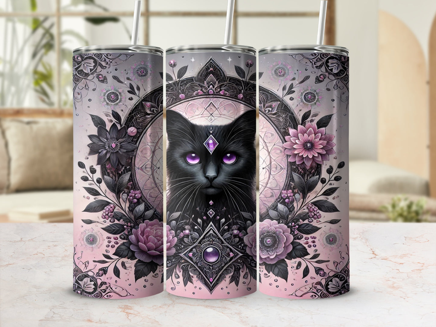 Gothic Cat and Floral Design Stainless Steel Tumblers