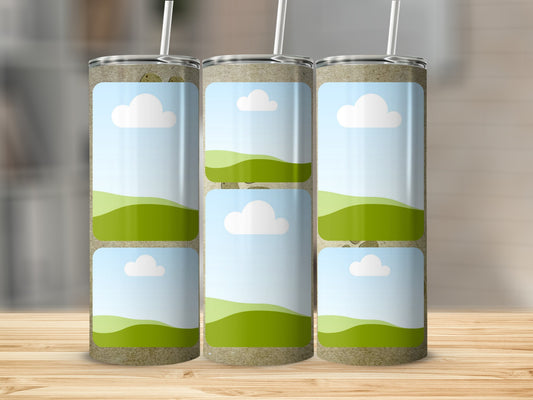 Three tumblers with a sky and rolling green hills design.