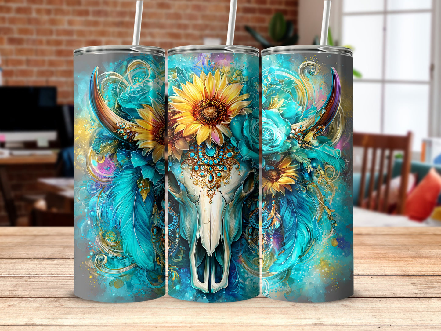 Colorful Floral Bull Skull Art Design Tumbler