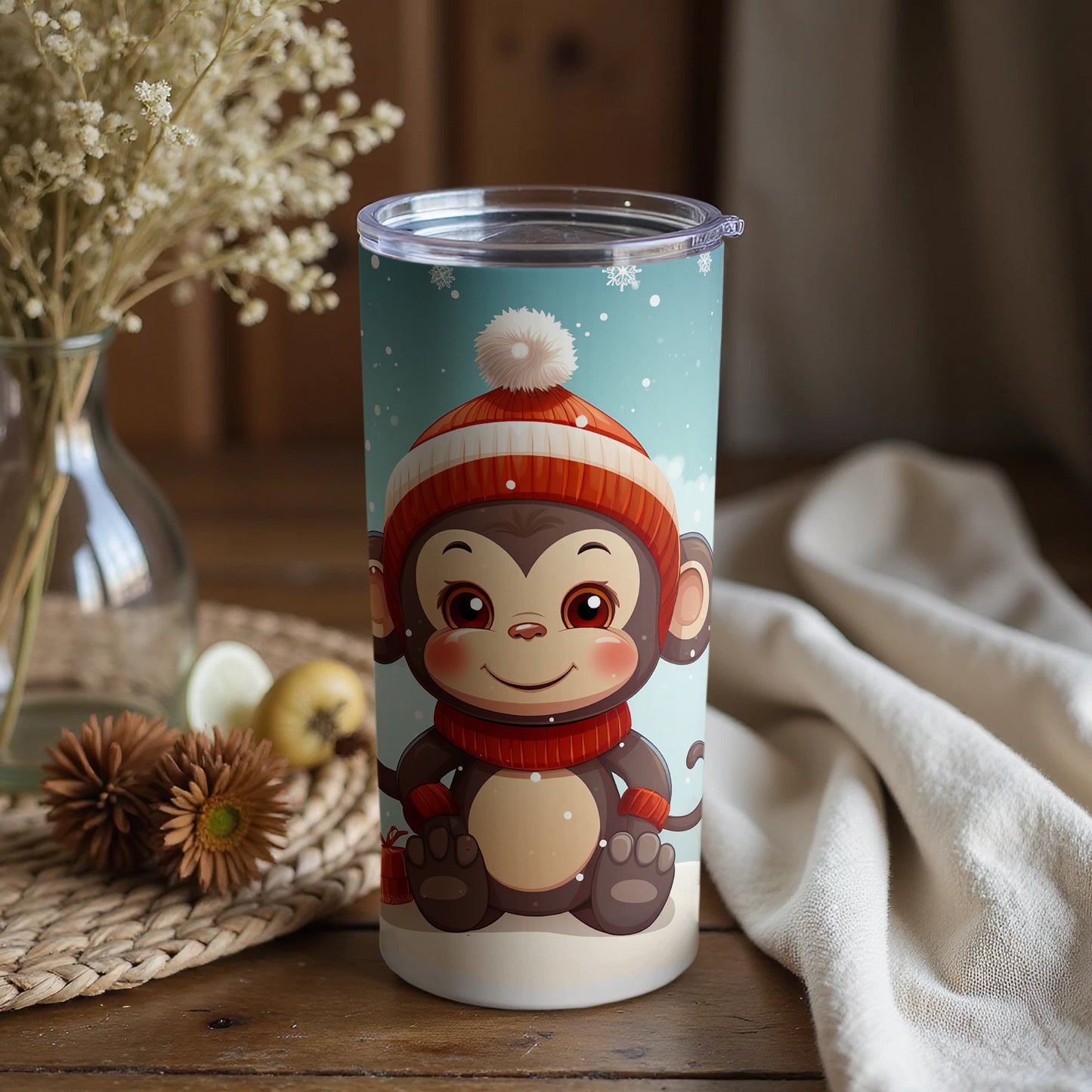 Cute Winter Monkey Design Insulated Tumbler Cup