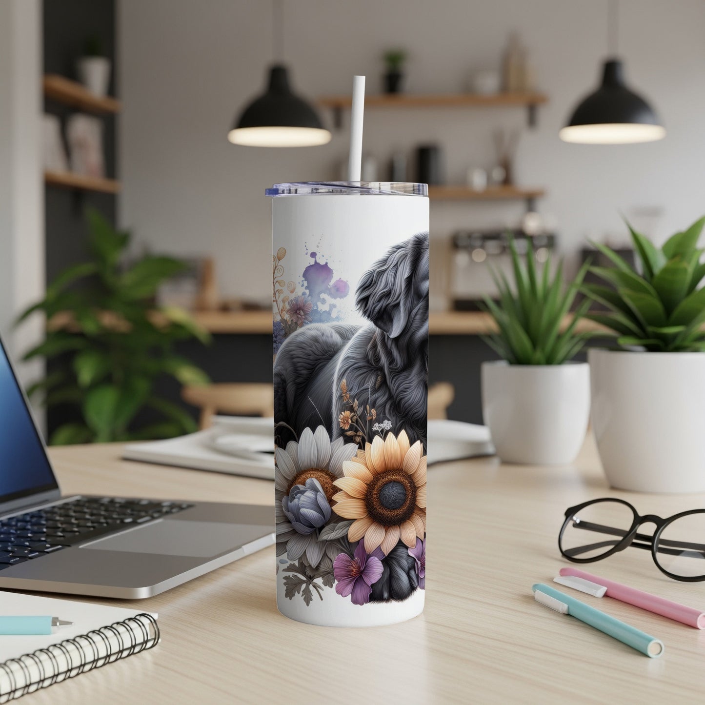 Black doodle dog and floral design on white skinny tumbler with straw.