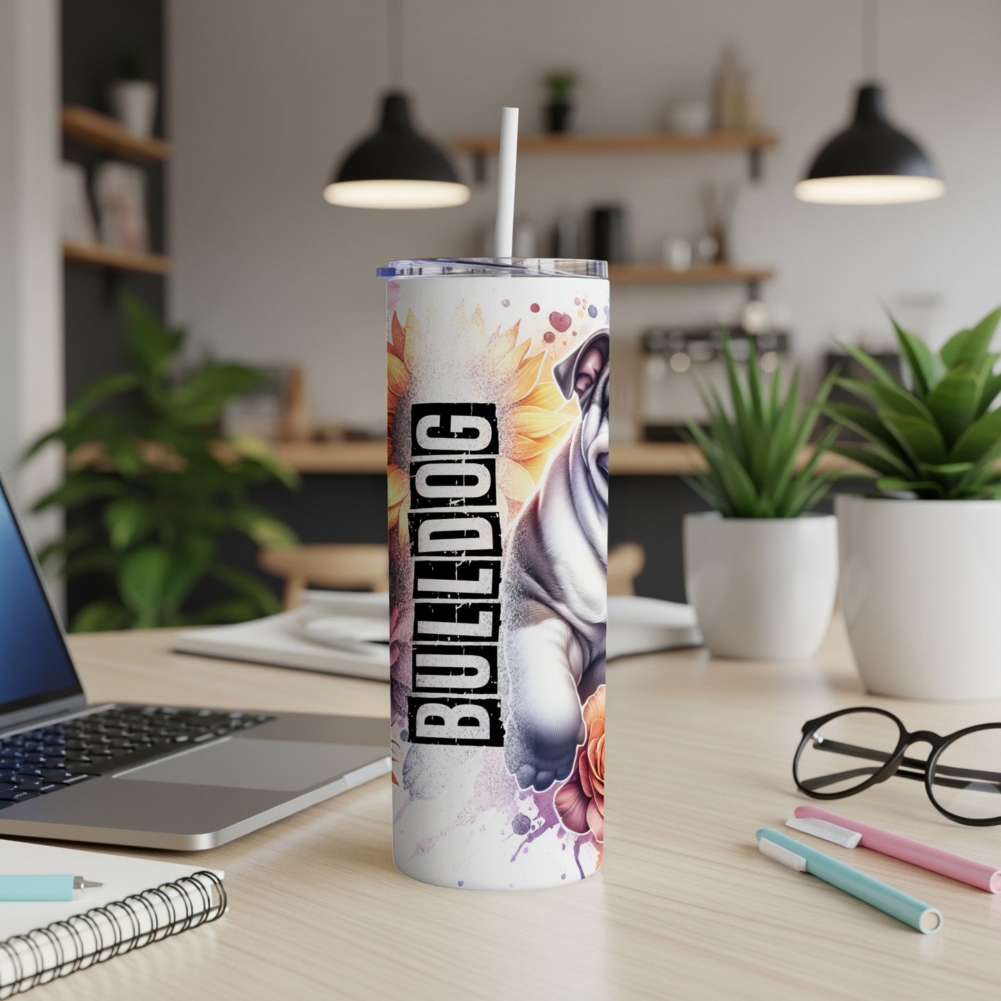 Bulldog with sunflower and floral accents on a white tumbler.