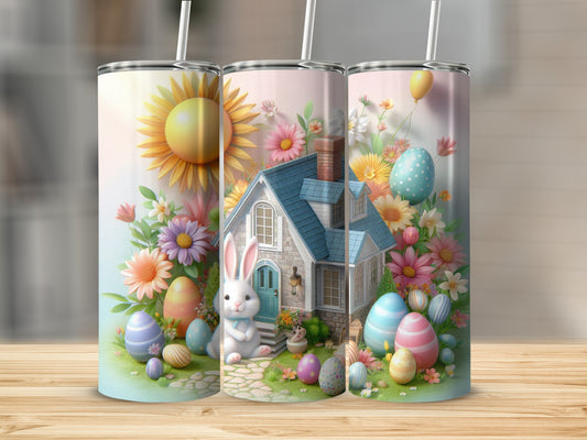 Easter scene with a bunny, house, and colorful eggs on three tumblers.