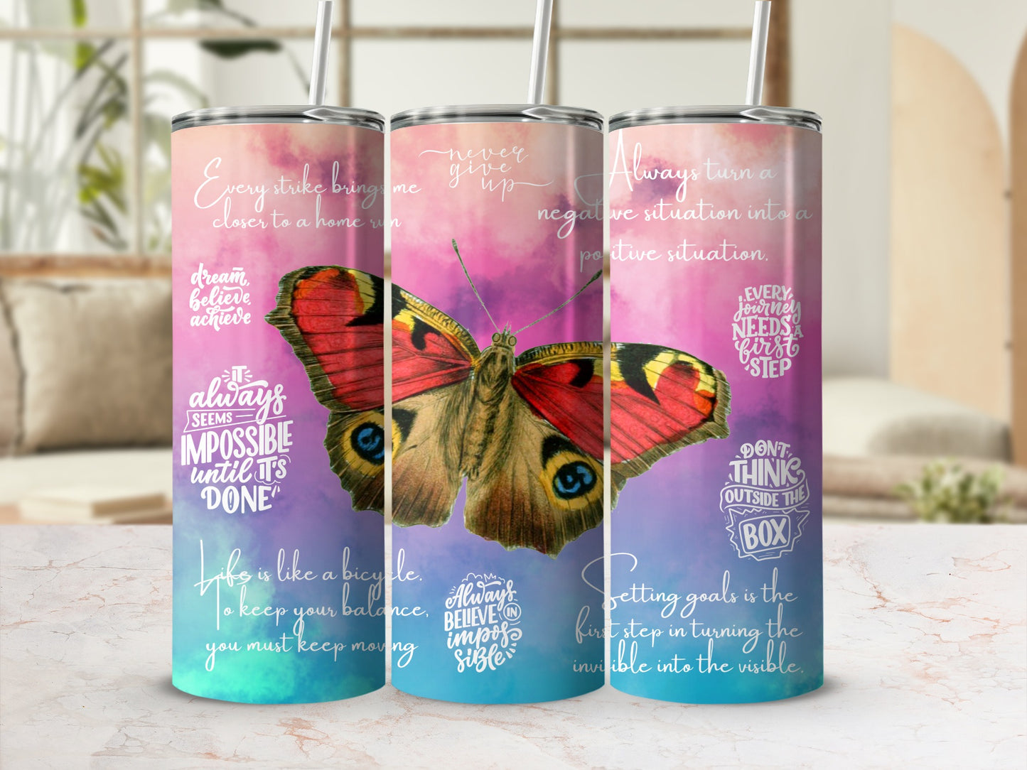 Inspirational Quotes Colorful Butterfly Tumbler Cup