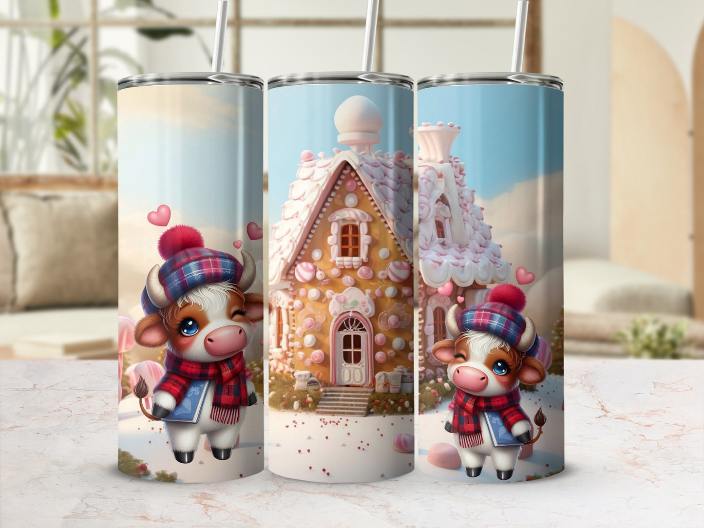Cute Winter Cow and Gingerbread House Tumbler