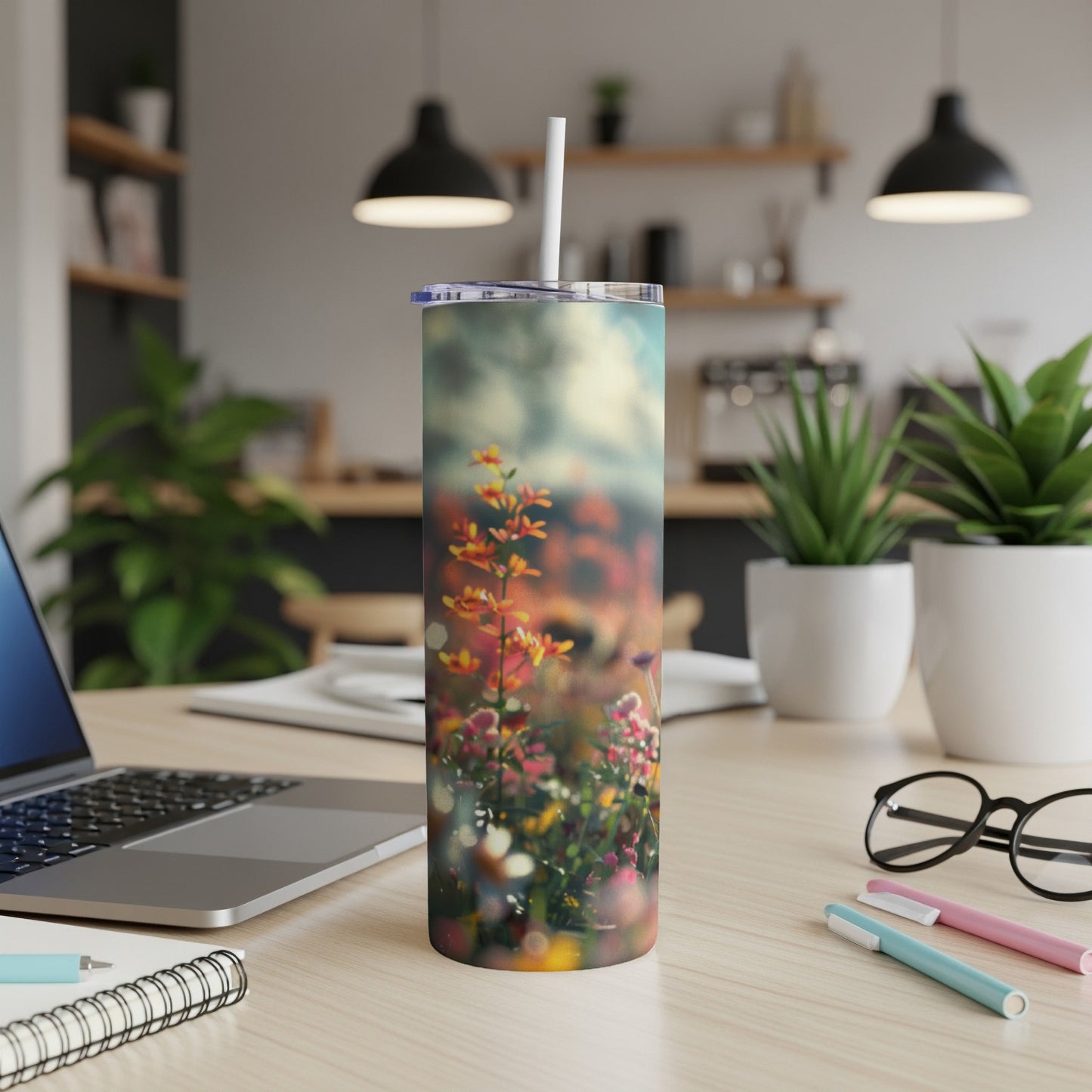 Tumbler with colorful flowers and blurry background, on a desk.