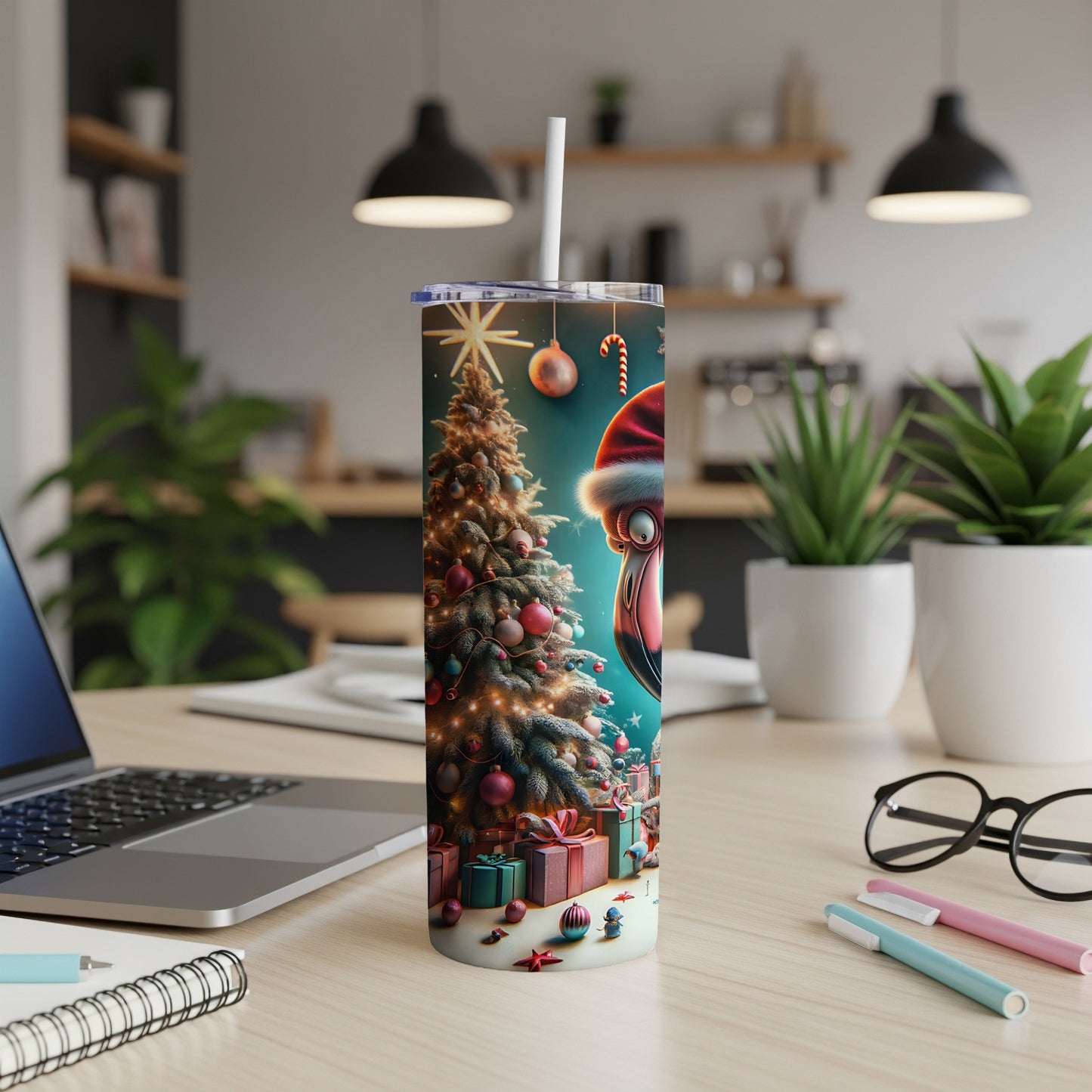 Festive Christmas tumbler with Santa flamingo and presents.