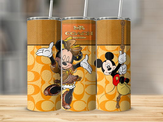 Minnie Mouse and Mickey Mouse on tumblers with Coach logo and tan pattern.