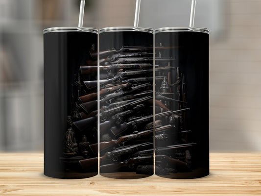 Triptych tumbler with a dark print of stacked antique firearms and ornate details.