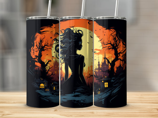 Three tumblers display a Halloween-themed illustration of a woman against a moonlit haunted scene.
