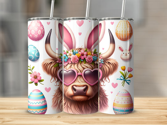Easter highland cow with bunny ears and heart sunglasses on tumblers.