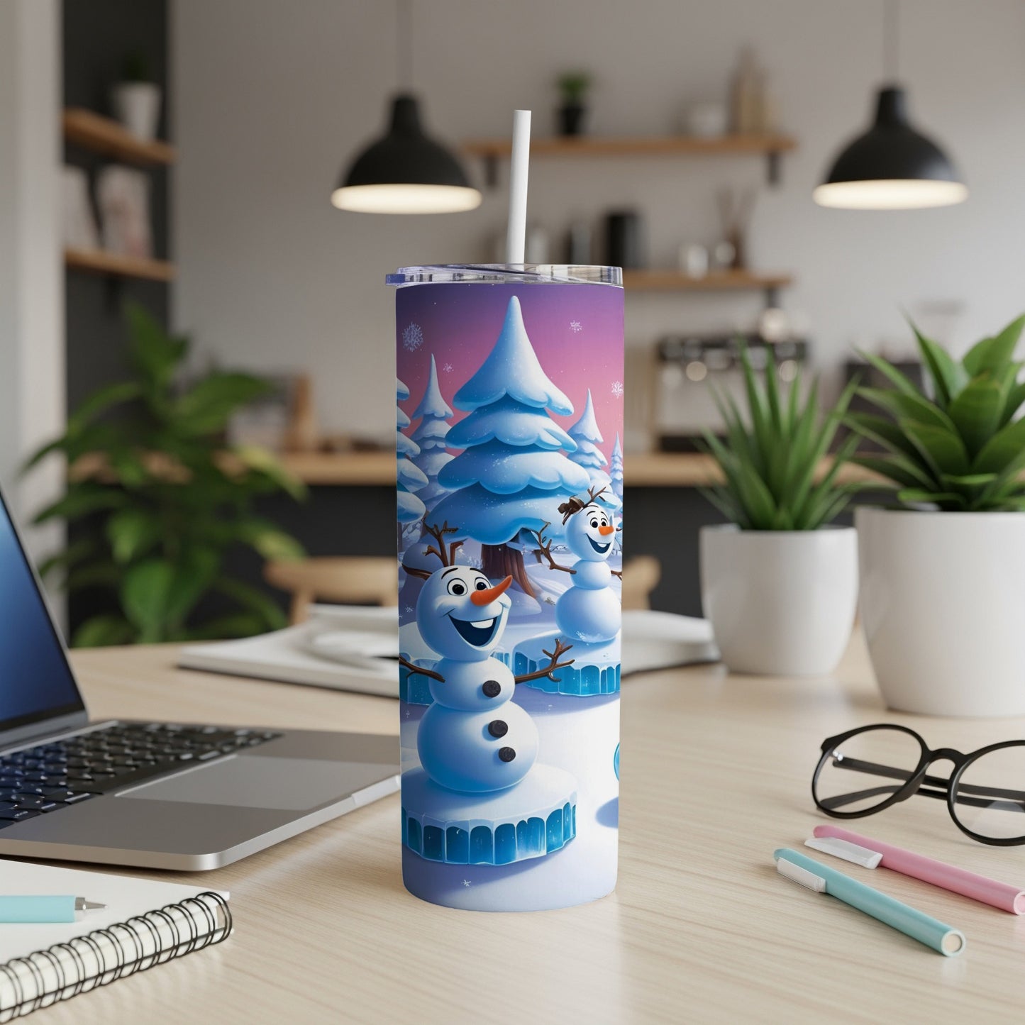 Olaf the snowman on a blue tumbler with a snowy forest background.