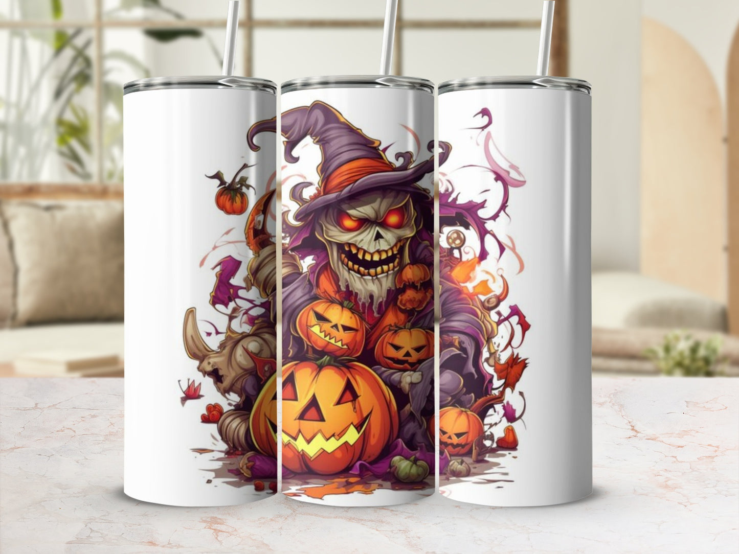 Spooky Halloween Skeleton and Pumpkins Skinny Tumbler