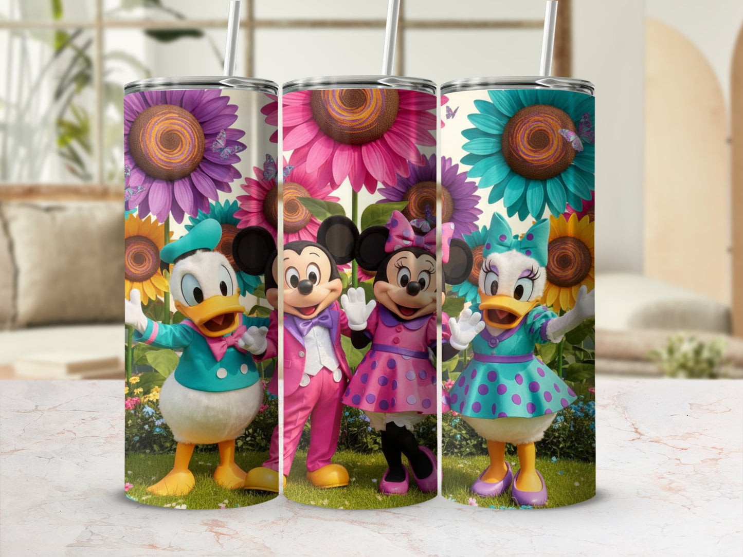 Colorful Disney Characters Tumbler Cup with Flowers