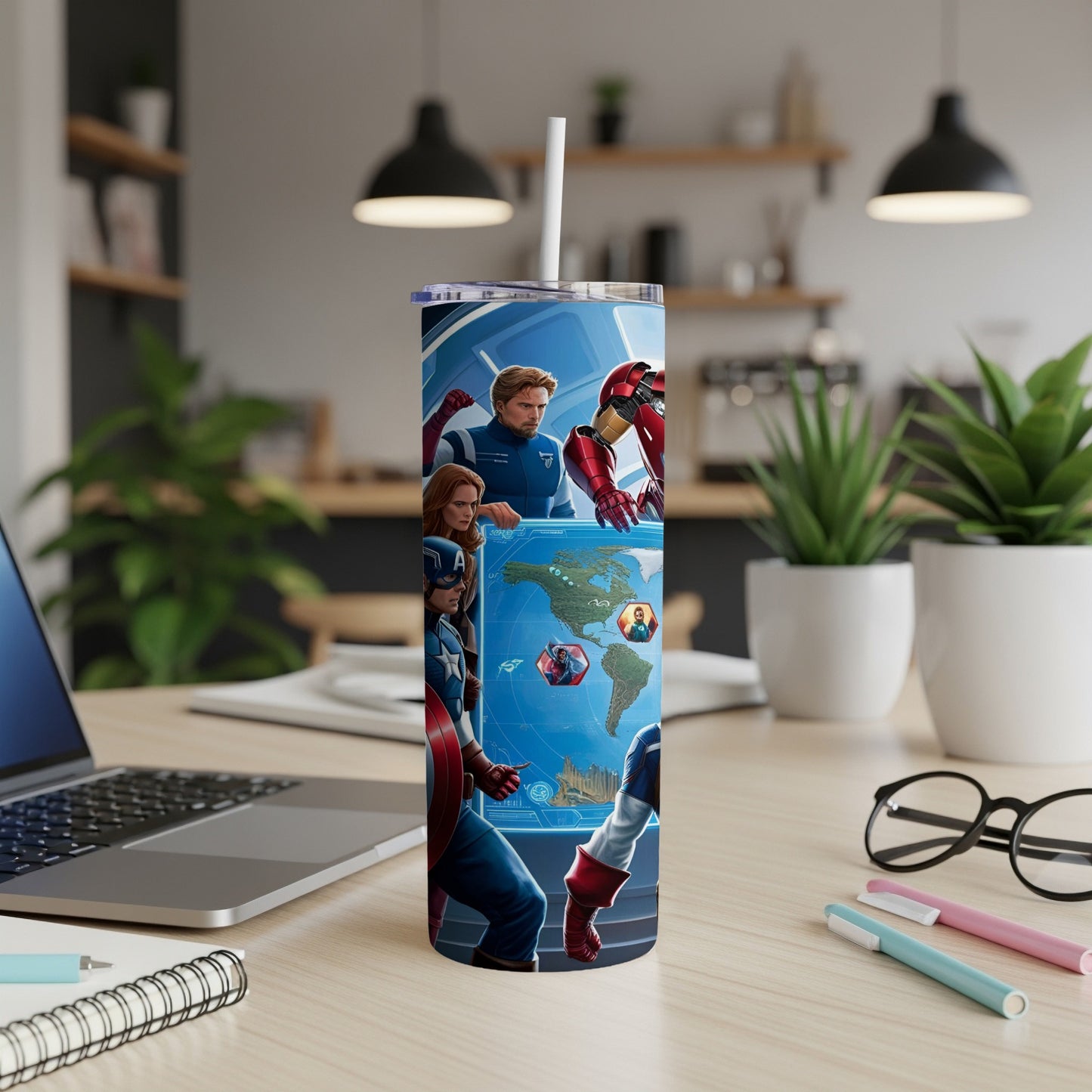 Avengers characters and world map on a white tumbler with straw.