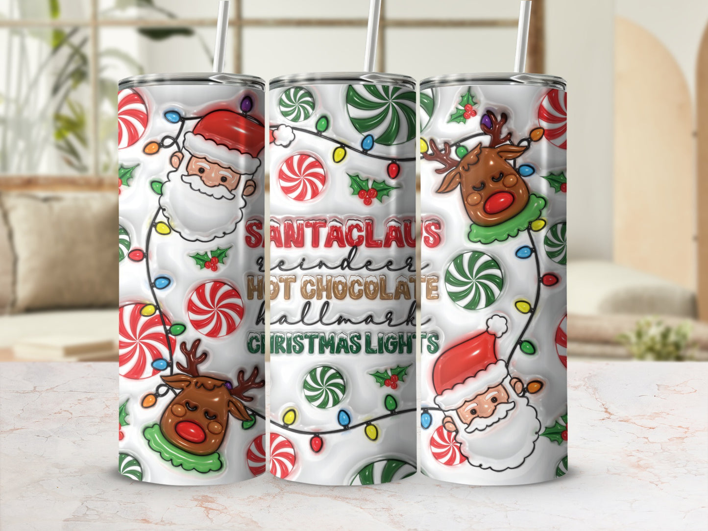 Festive Santa Reindeer Hot Chocolate Christmas Lights Tumbler
