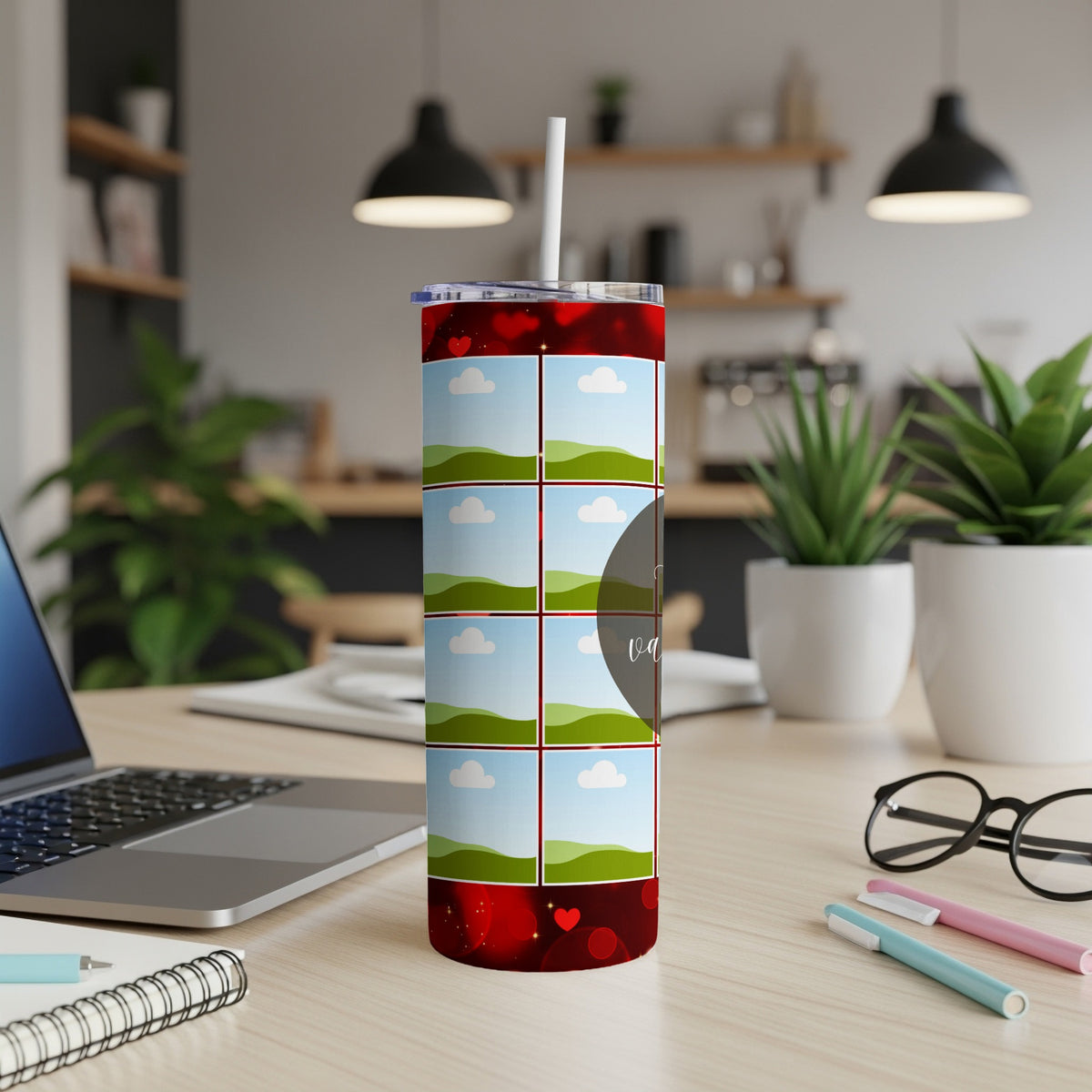 Collage tumbler with photo placeholders and a grey circle with text.