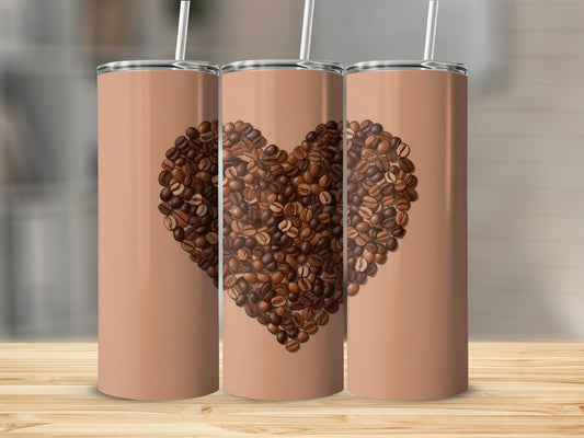 Three tumblers featuring a heart made of coffee beans on a tan background.