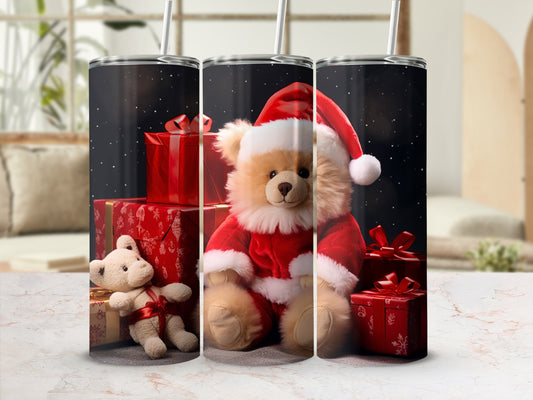 Festive Santa Teddy Bear With Gifts Winter Tumbler