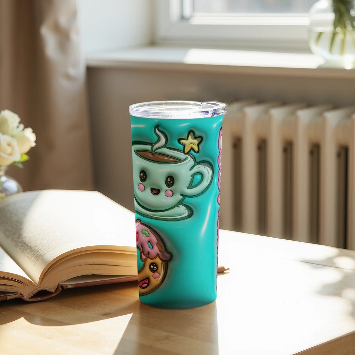 Cute Cartoon Tea Cup Face with Donut Tumbler