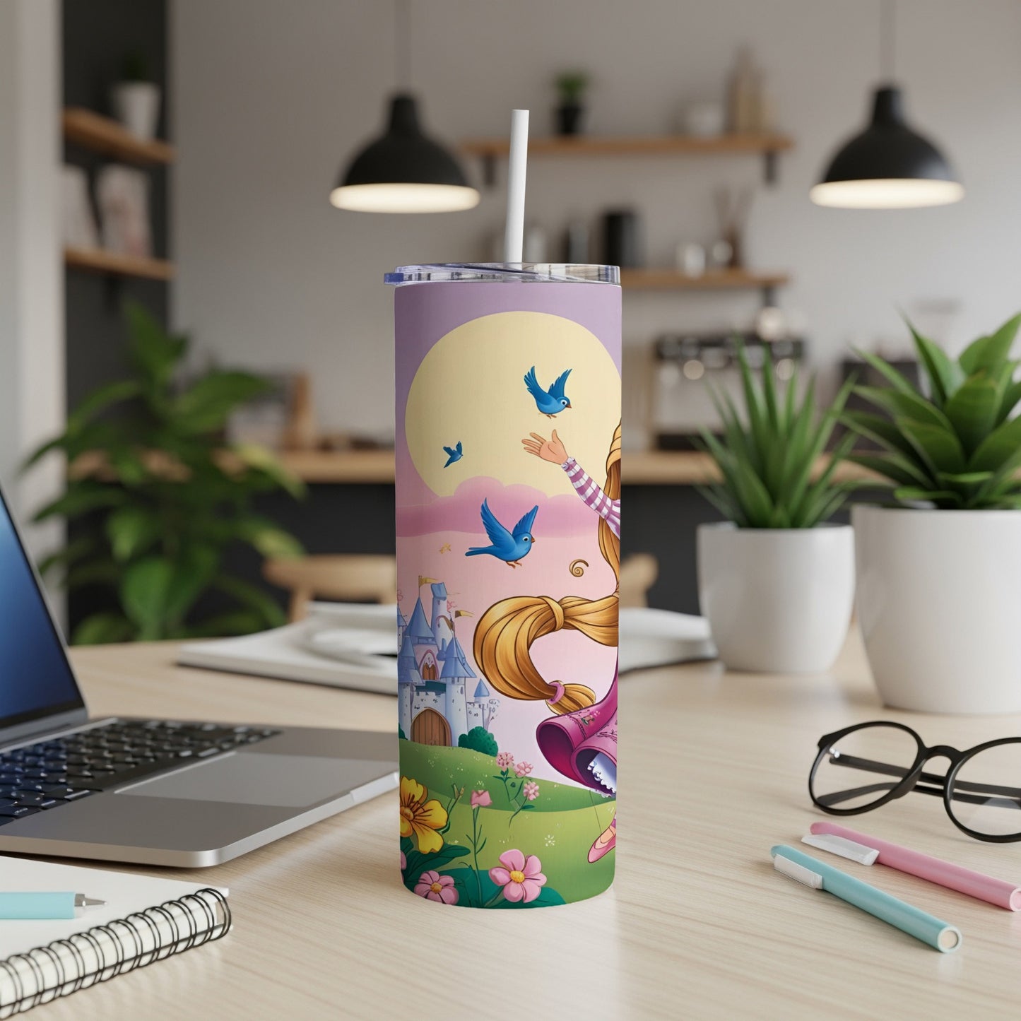 Tangled Rapunzel illustration on a skinny tumbler with a white straw.