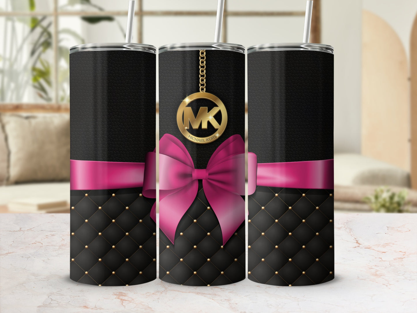 Black and Pink Quilted Design Tumbler with Bow and Charm